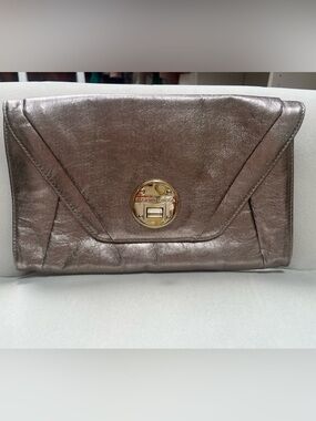 Elliott Luca Metallic Taupe Leather Envelope Clutch with Gold Turnlock
